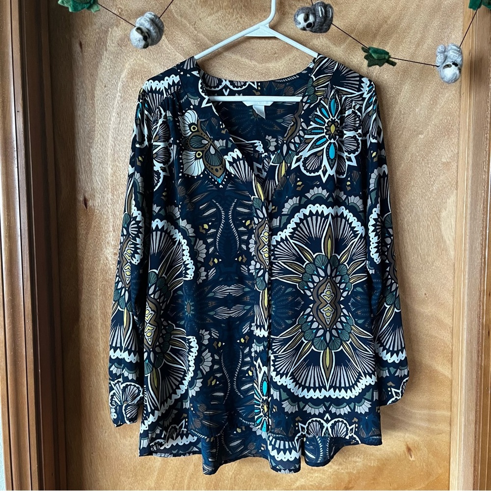 Boho teal Floral tunic blouse, size M/L, oversized fit